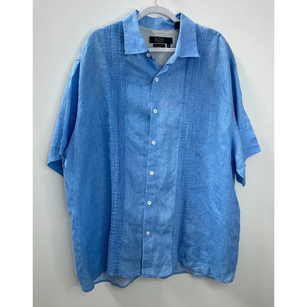 Nat Nast 100% Linen Shirt Men's XXL Blue Pleated American Fit Button Up Resort - Picture 2 of 8